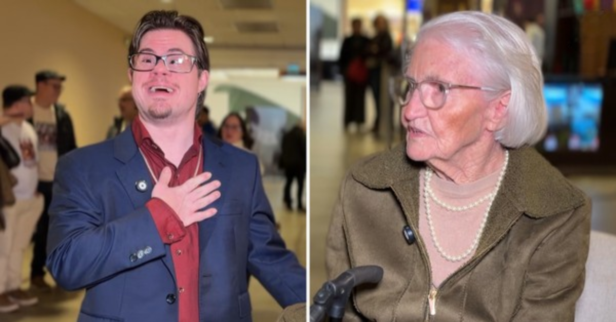 Avó de 96 anos que viajou 400 km para ver o neto com síndrome de Down em filme no cinema.