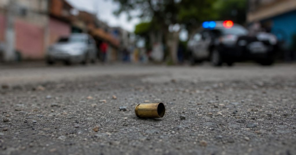 Cápsula de munição caída no asfalto, com viatura policial desfocada ao fundo em uma rua.