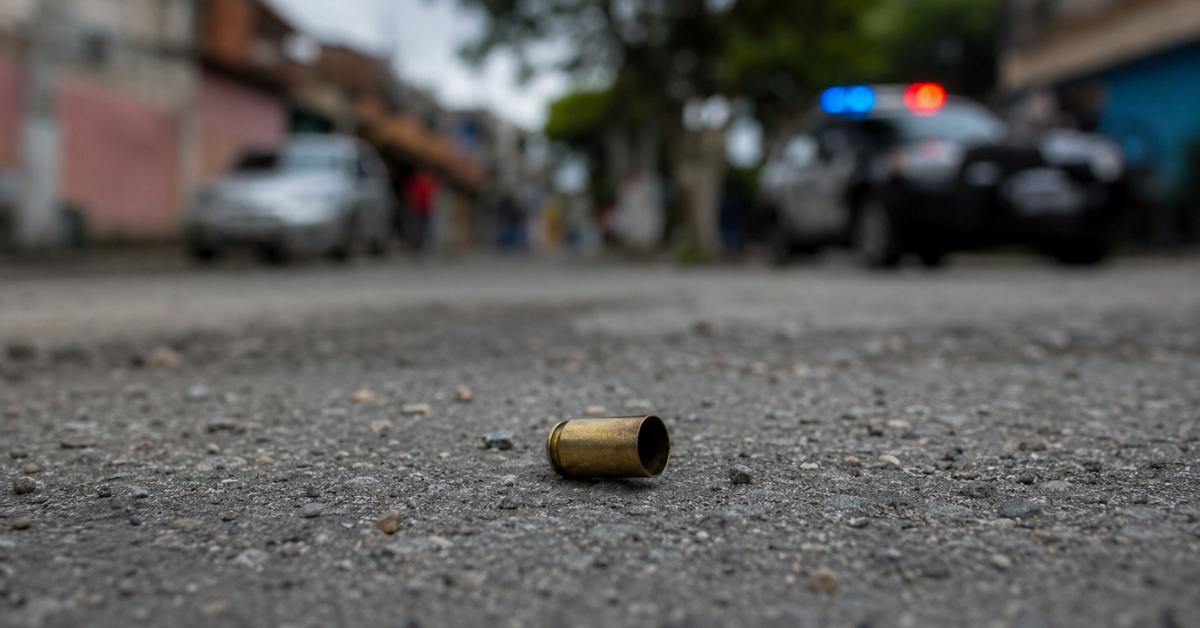 Cápsula de munição caída no asfalto, com viatura policial desfocada ao fundo em uma rua.