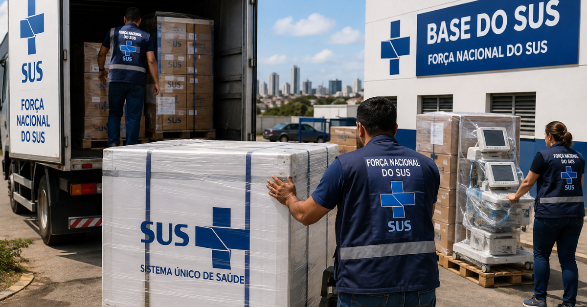 Equipe da Força Nacional do SUS organiza equipamentos e insumos em uma base de apoio regional.