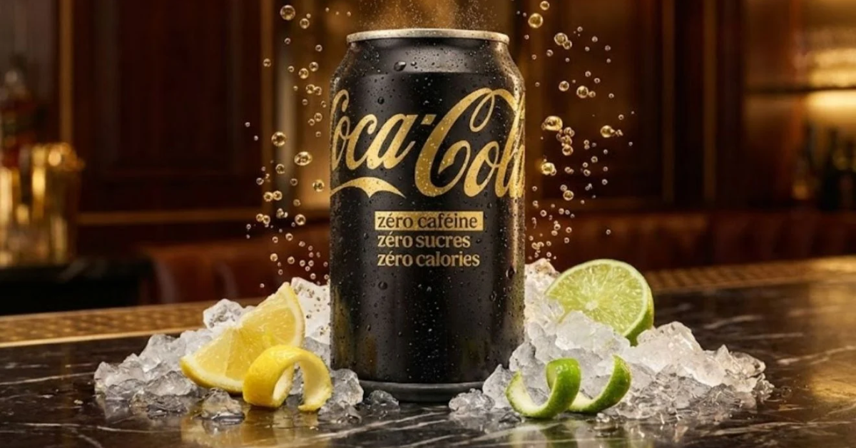 Latas e garrafas da nova Coca-Cola sem cafeína, com identidade visual preta e dourada.