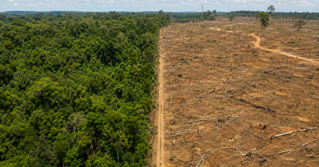 Área de floresta preservada ao lado de trecho desmatado no Brasil.