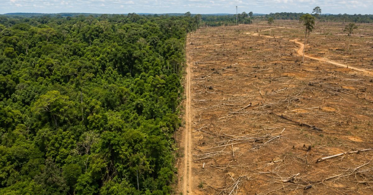 Área de floresta preservada ao lado de trecho desmatado no Brasil.