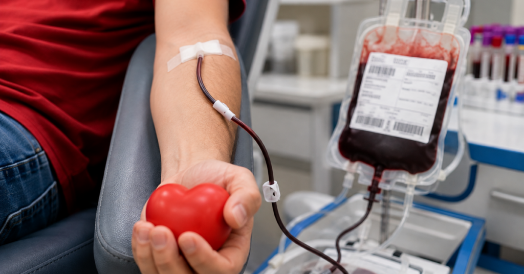 Pessoa doa sangue em hemocentro, com o braço conectado à bolsa de coleta e segurando uma bola vermelha em formato de coração.