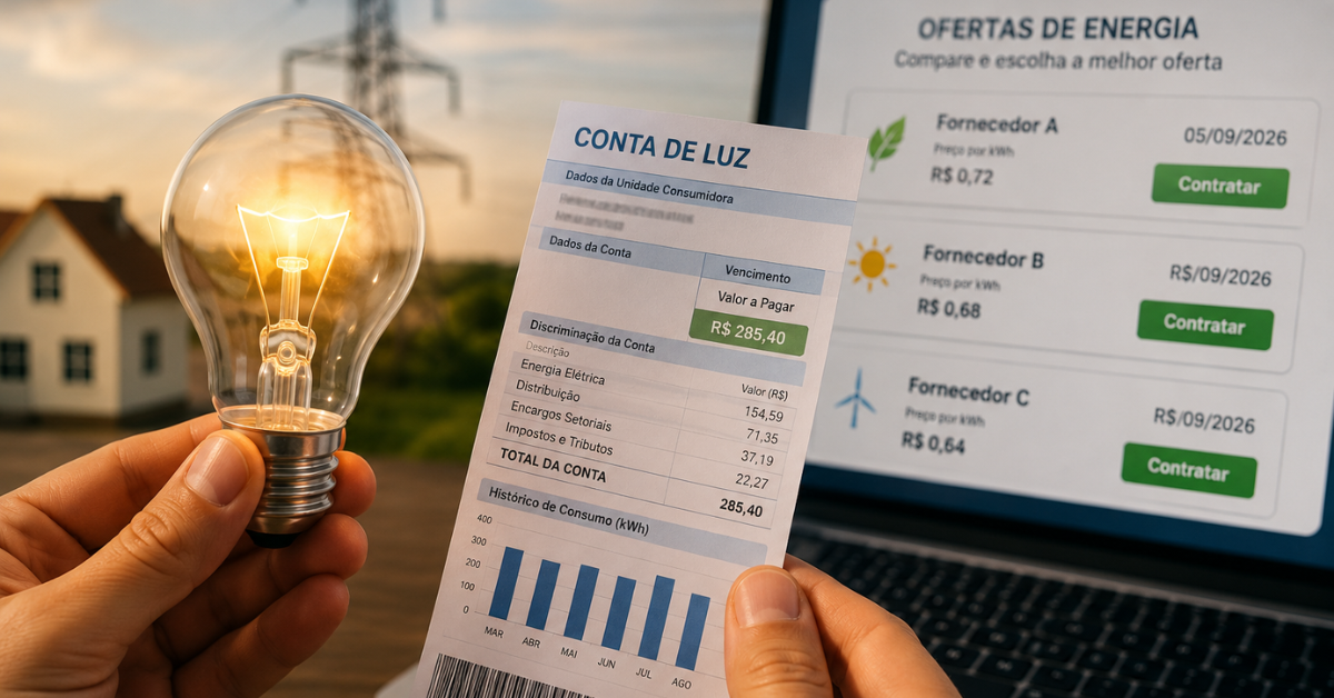 Pessoa segura conta de luz e lâmpada diante de notebook com ofertas de fornecedores de energia.