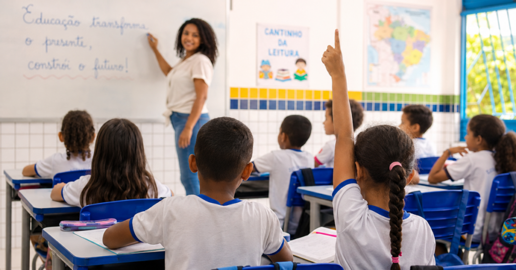 Professora conduz aula em sala de escola pública enquanto estudantes acompanham a atividade e uma aluna levanta a mão para responder.
