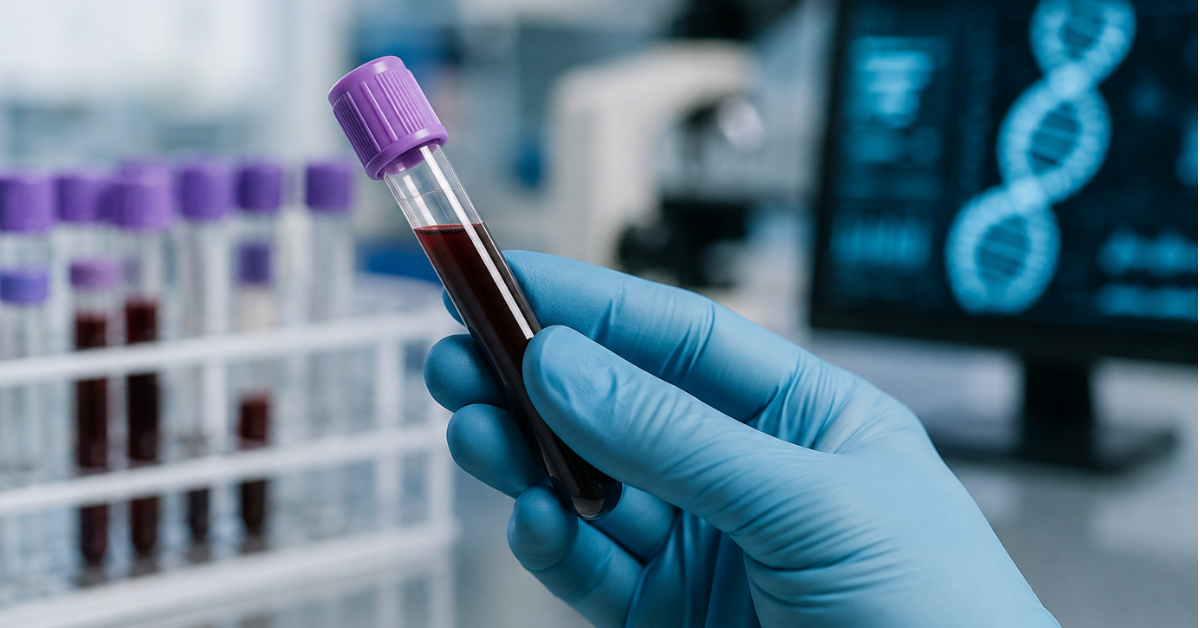 Tubo com amostra de sangue em laboratório usado para representar exame experimental de detecção de câncer.