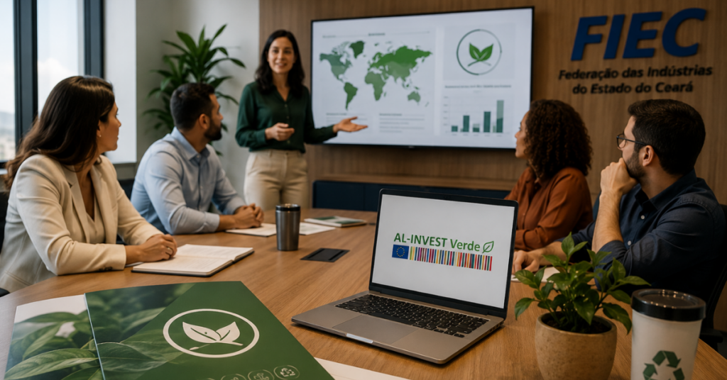 Profissionais reunidos em ambiente empresarial durante atividade sobre FIEC e sustentabilidade.