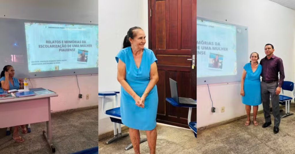 Conceição de Maria Sousa Soares durante apresentação do TCC de Pedagogia na UFMA, aos 70 anos.