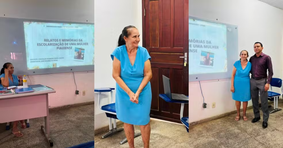 Conceição de Maria Sousa Soares durante apresentação do TCC de Pedagogia na UFMA, aos 70 anos.