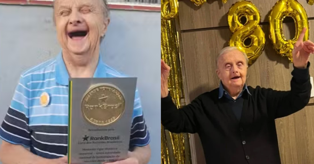 Neno, brasileiro mais velho com síndrome de Down, aos 80 anos.