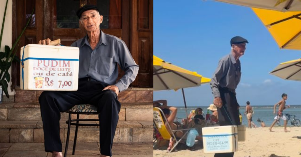 Vital Maria da Costa, de 85 anos, vende pudins na praia de Olinda para complementar a renda e cuidar da saúde.