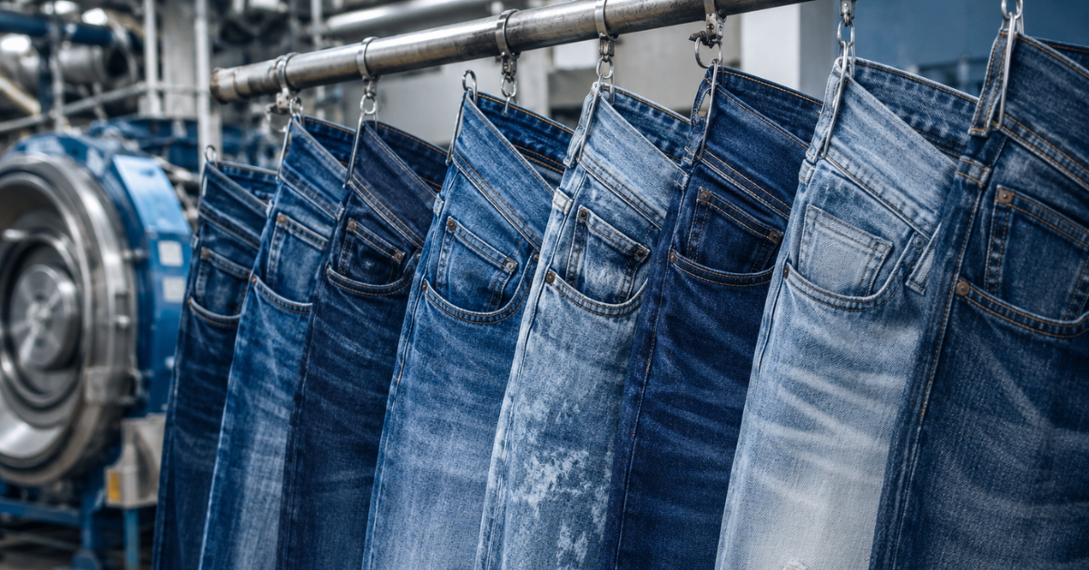 Calças jeans com diferentes tons e lavagens penduradas em uma lavanderia industrial.