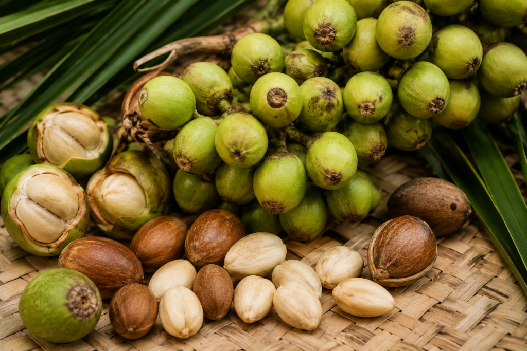 Cachos de licuri com frutos verdes e amêndoas abertas sobre uma superfície de fibras naturais.