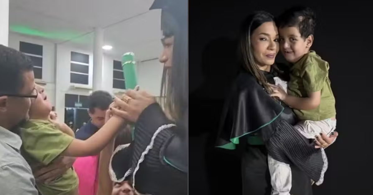 Jéssica Viana com o filho Matias após concluir a graduação em fisioterapia.