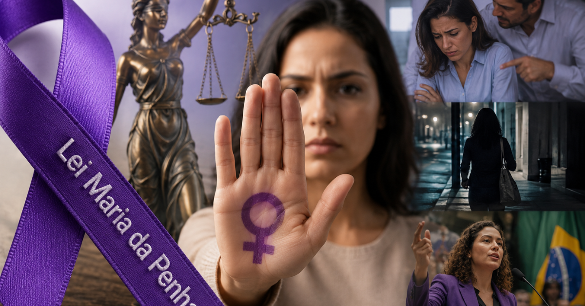 Mulher faz gesto de proteção diante de símbolos da Justiça e de combate à violência contra a mulher.