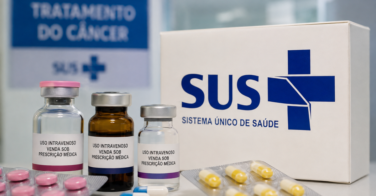 Medicamentos e frascos de tratamento ao lado de caixa com identificação do SUS.