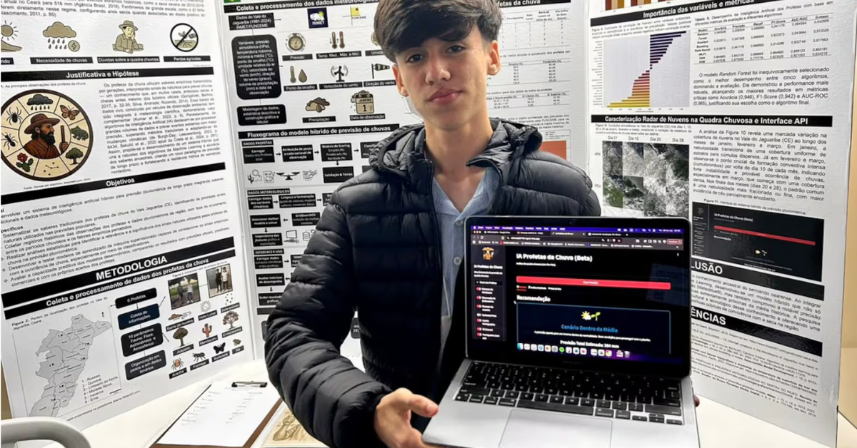 Estudante cearense Raul Victor, criador de sistema que prevê chuvas com inteligência artificial.