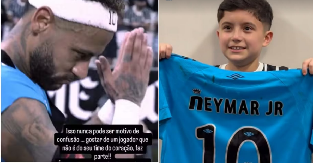 Menino fã de Neymar segura camisa recebida do jogador após partida entre Corinthians e Santos.