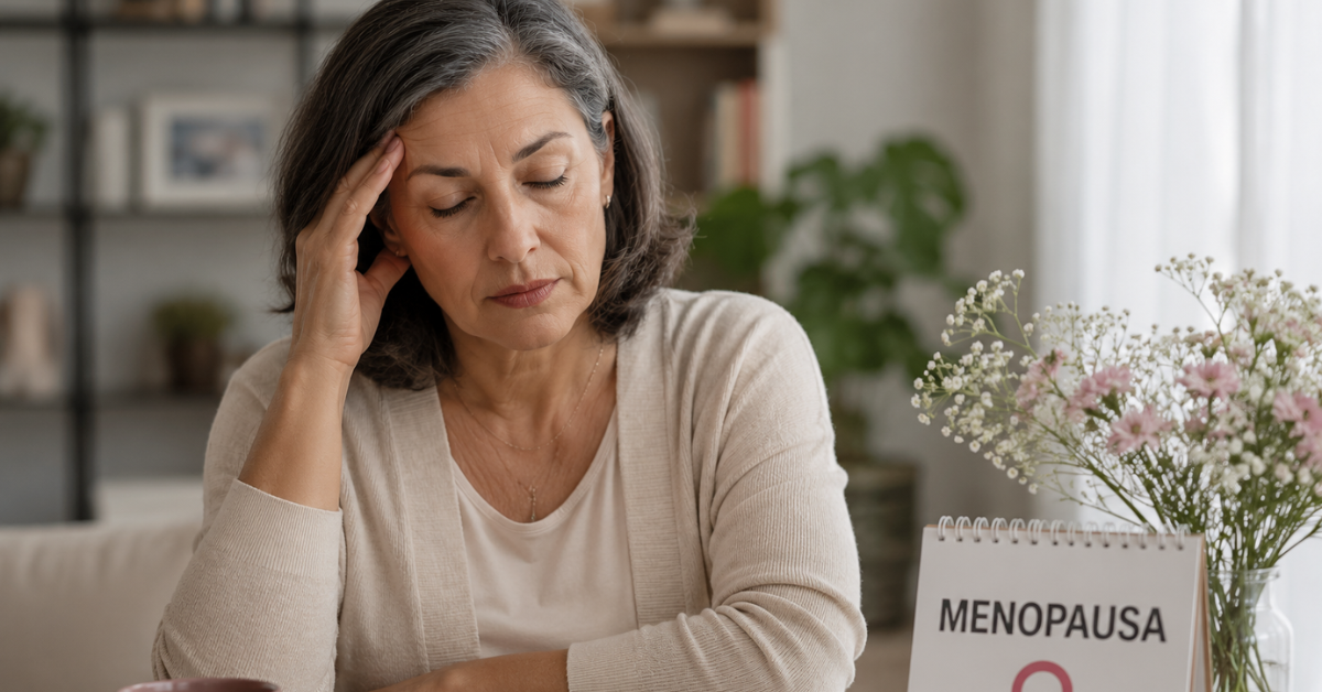 Mulher de meia-idade sentada em casa, com expressão de cansaço, ao lado de um calendário com a palavra menopausa.