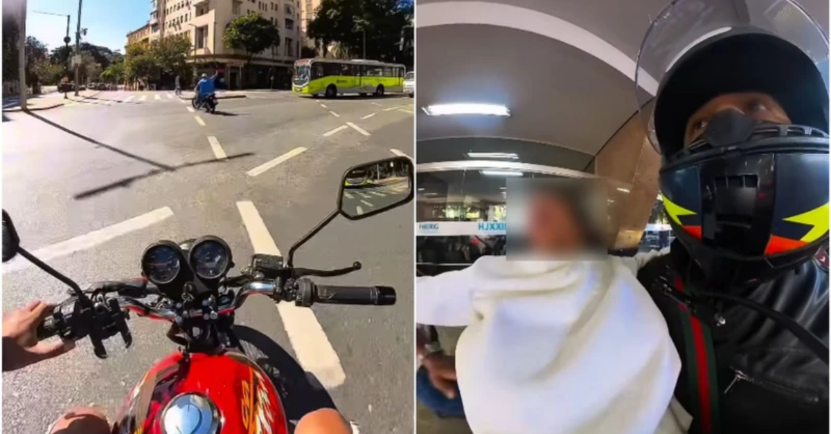 Motociclistas ajudam a abrir passagem para carro com mulher em emergência em Belo Horizonte.