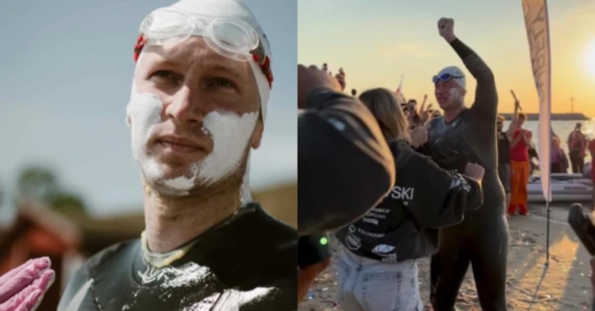 Bartłomiej Kubkowski antes e depois de completar a travessia do Mar Báltico a nado.