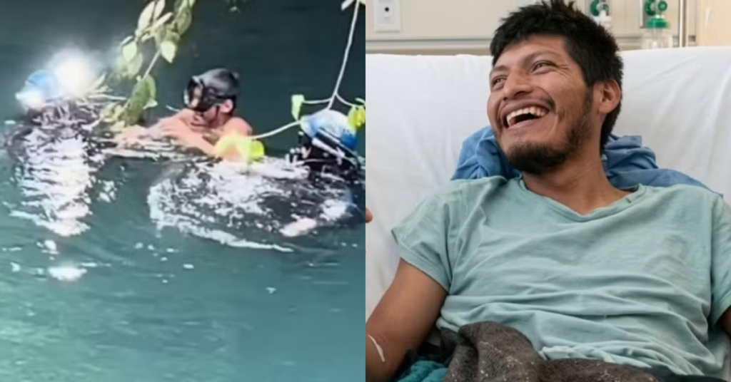 Pescador Erasto Crisanto Valdez durante operação de resgate após ficar 15 dias preso em caverna submersa no México.