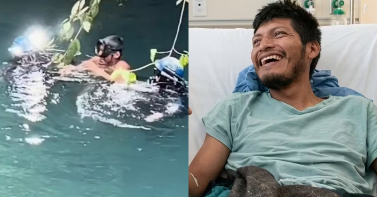 Pescador Erasto Crisanto Valdez durante operação de resgate após ficar 15 dias preso em caverna submersa no México.