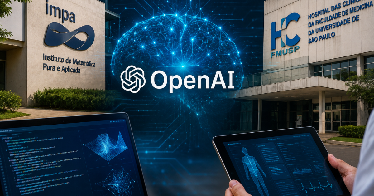 Montagem mostra referências ao Instituto de Matemática Pura e Aplicada, ao Hospital das Clínicas da USP e à OpenAI, com elementos visuais ligados à inteligência artificial, pesquisa científica e saúde.