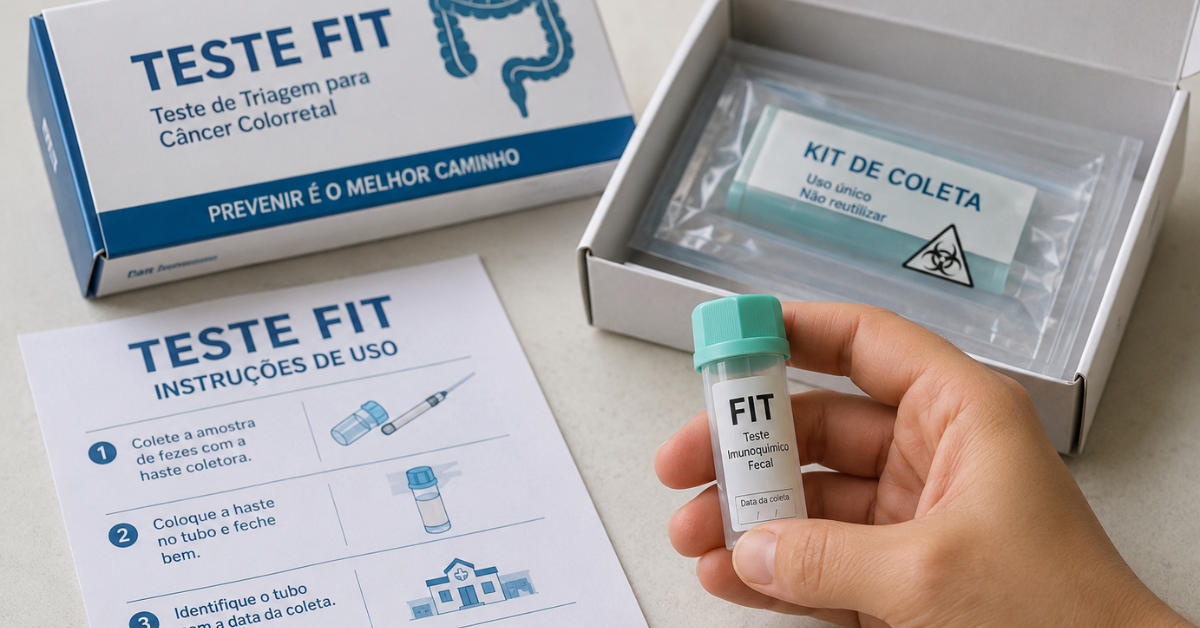 Kit ilustrativo do teste FIT, usado no rastreamento de câncer de intestino, com tubo para coleta de amostra.