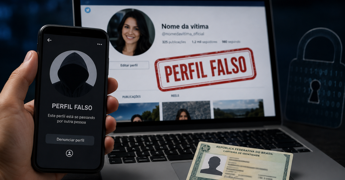 Celular com aviso de perfil falso diante de notebook, documento de identidade e cadeado.