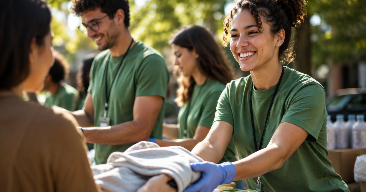 Grupo de voluntários organiza e entrega doações durante ação solidária ao ar livre.