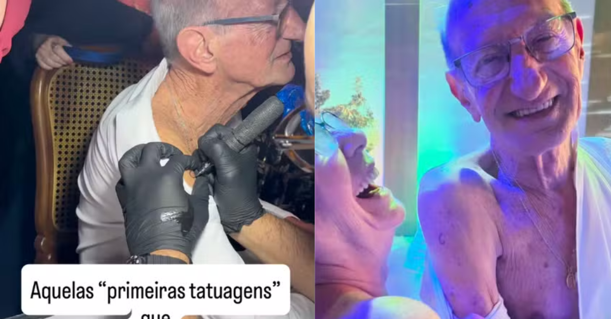 Casal de avós faz primeira tatuagem durante casamento do neto.