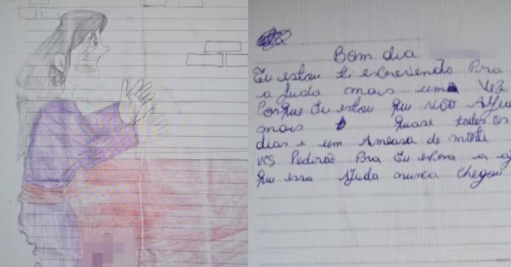 Bilhete com pedido de socorro escrito por mulher mantida em cárcere privado no caderno do filho.