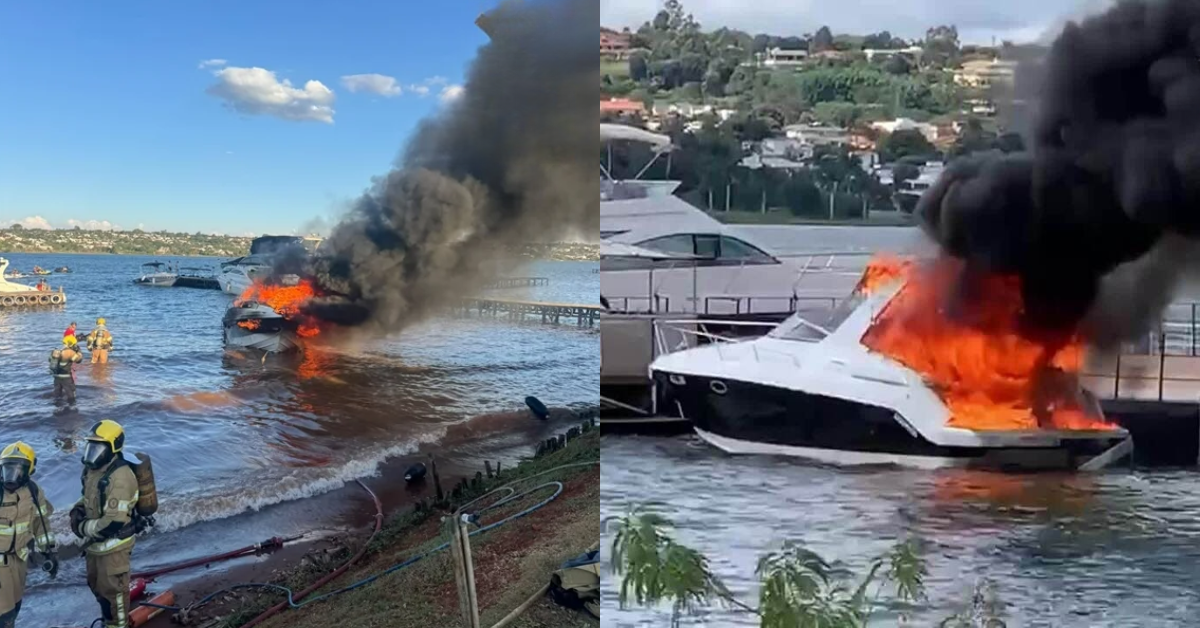 Bombeiros fazem resgate no Lago Paranoá após incêndio em lancha no DF