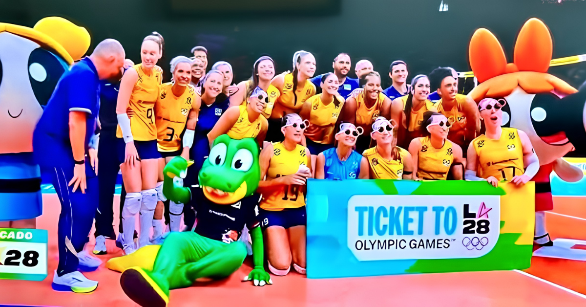 Seleção brasileira feminina de vôlei em quadra durante competição internacional.