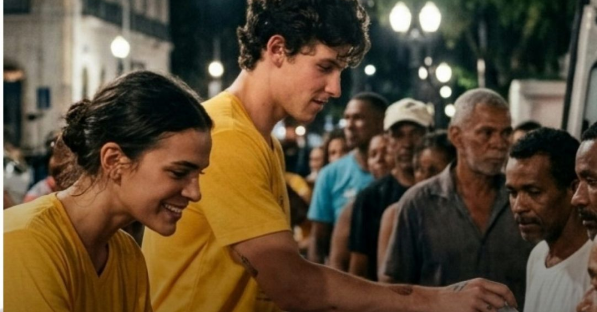 Bruna Marquezine e Shawn Mendes participam da distribuição de quentinhas no Rio de Janeiro.