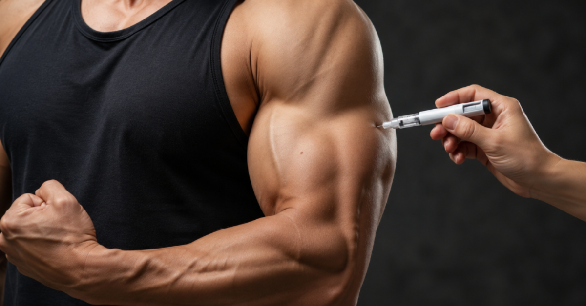 Aplicação de medicamento injetável durante tratamento para perda de peso e preservação muscular.
