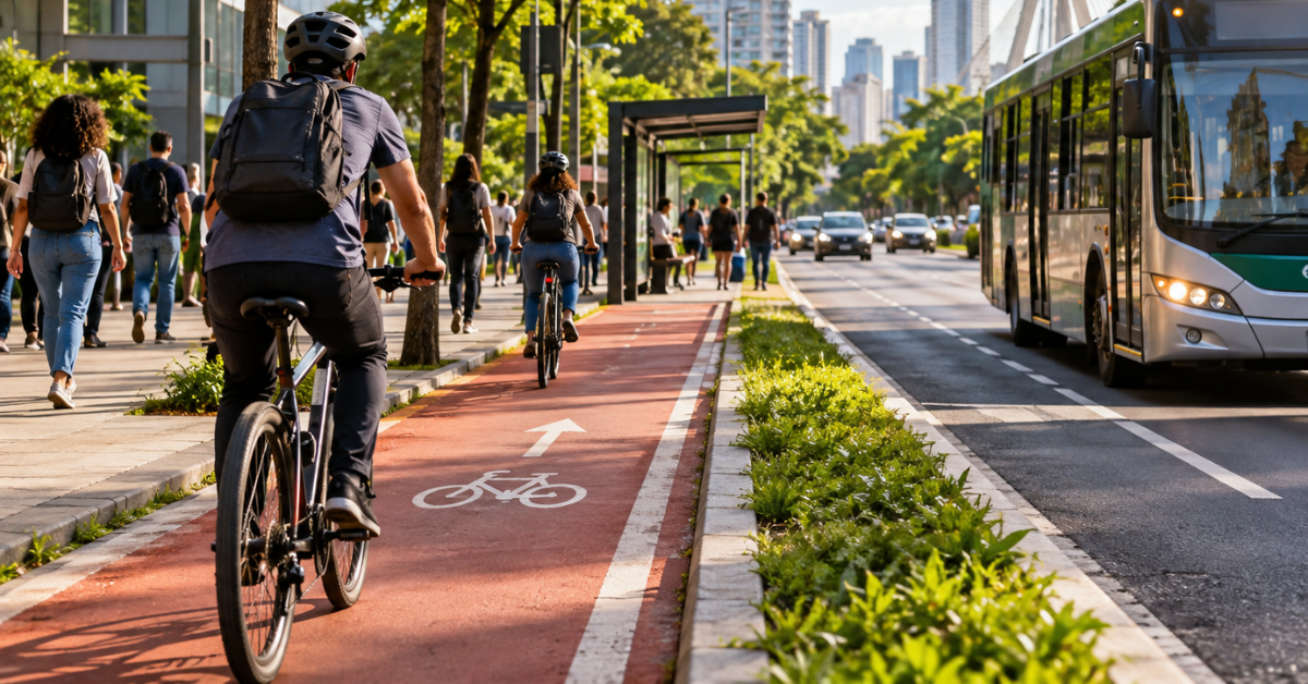 Pessoas usando bicicleta e outros meios de transporte no Dia Mundial sem Carro.