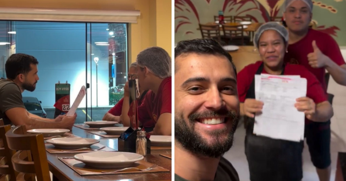 Alex Furtado entrega passagens aéreas aos funcionários Marcela Luiza e Rick Ferreira em pizzaria de Araquari.