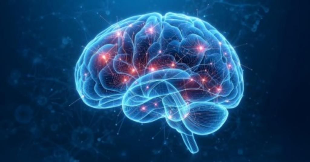Ilustração do cérebro humano associada a estudo sobre crise epiléptica e atividade dos neurônios.