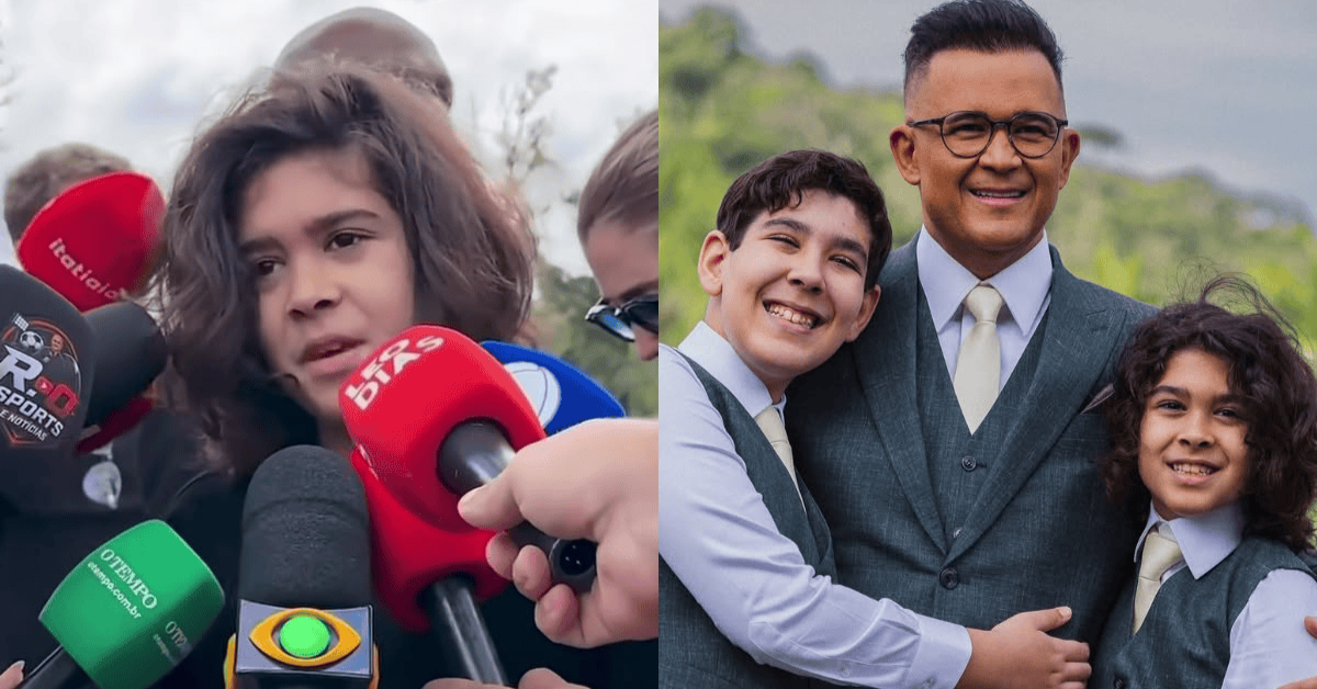 Kai, filho de Bruno Avelar, durante entrevista após o velório do pai.