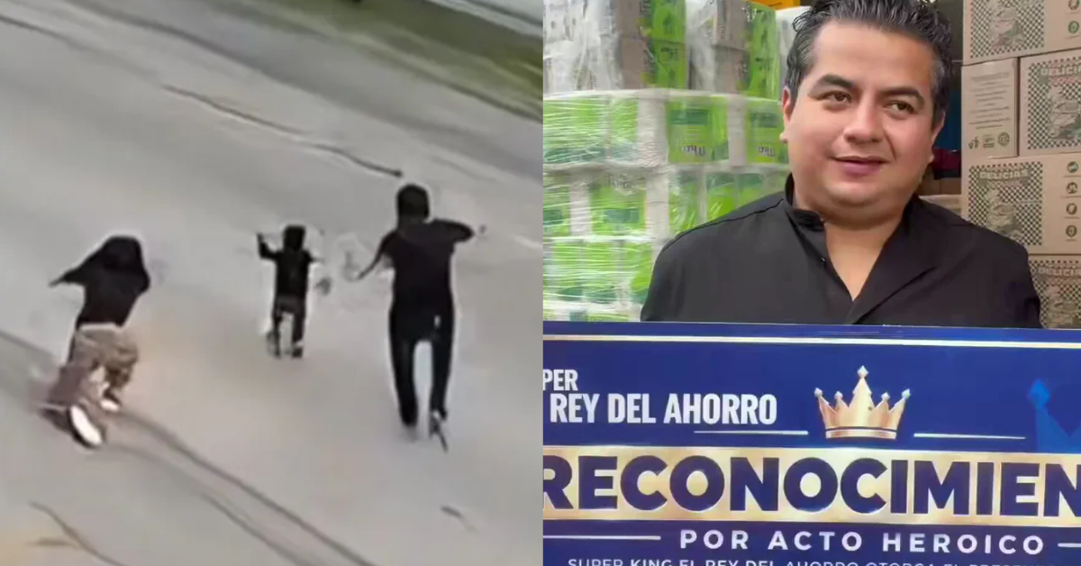 Funcionário de supermercado corre em direção a uma menina de 3 anos para retirá-la da frente de um carro em avenida de Puebla, no México.