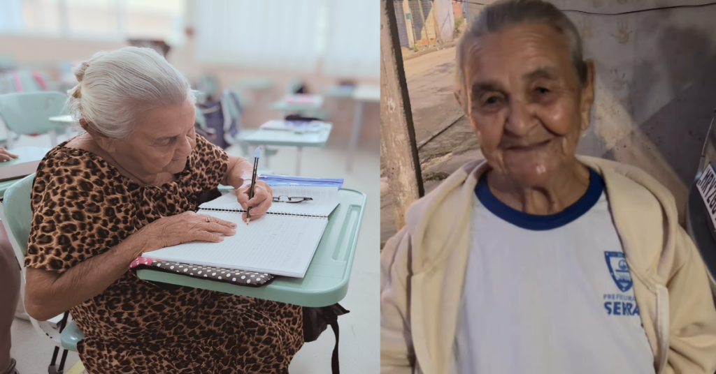 Dona Altina, idosa que voltou à escola aos 95 anos, em sala de aula na Serra (ES).