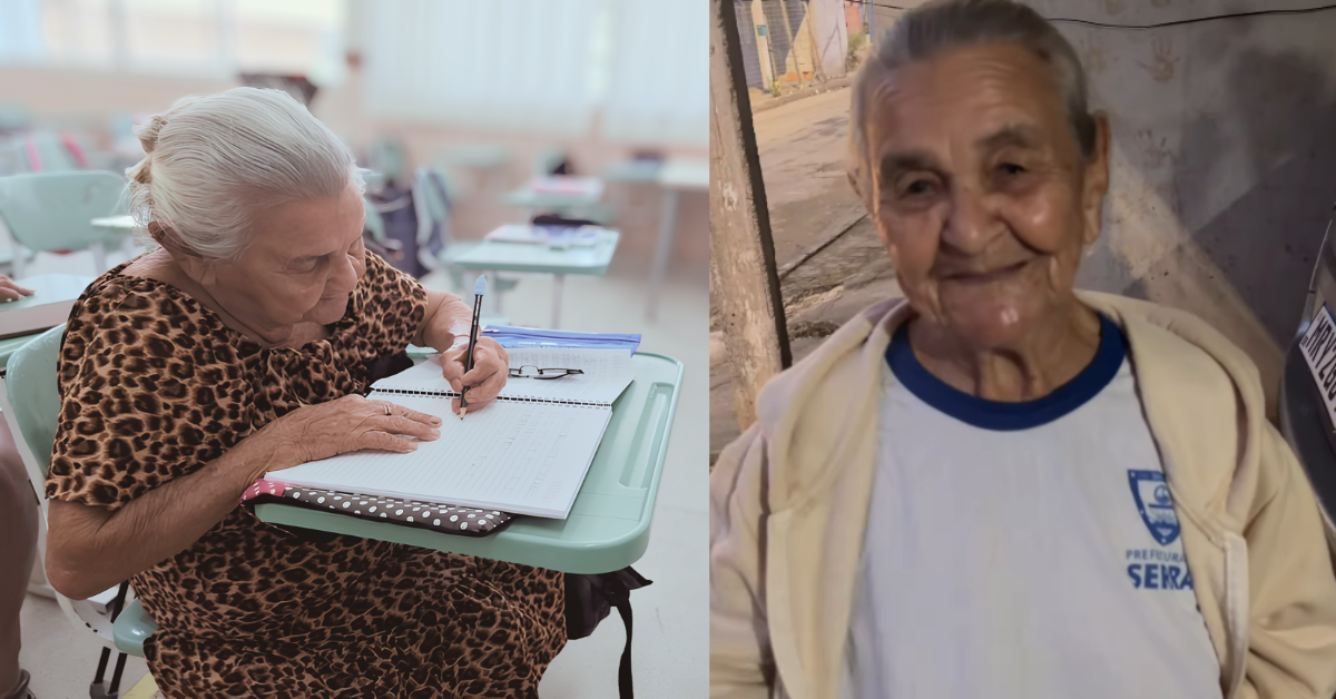 Dona Altina, idosa que voltou à escola aos 95 anos, em sala de aula na Serra (ES).