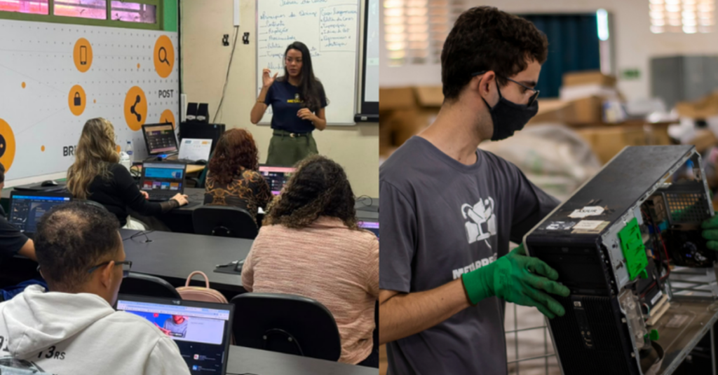 Alunos participam de capacitação tecnológica enquanto jovem trabalha na recuperação de um computador em Centro de Recondicionamento.