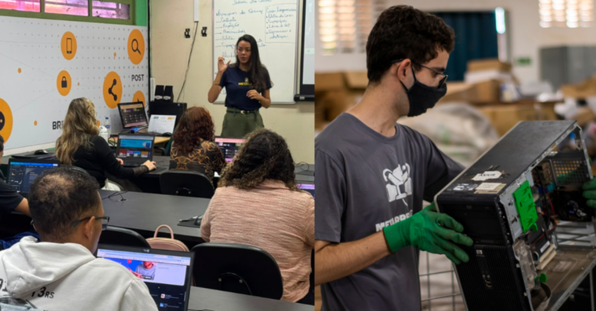 Alunos participam de capacitação tecnológica enquanto jovem trabalha na recuperação de um computador em Centro de Recondicionamento.