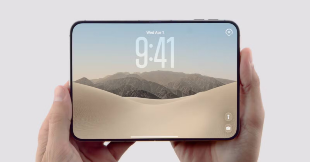 iPhone Duo dobrável da Apple aberto, exibindo a tela interna do aparelho.