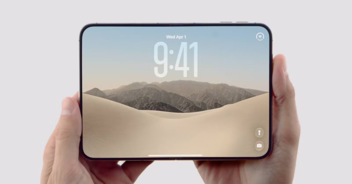 iPhone Duo dobrável da Apple aberto, exibindo a tela interna do aparelho.