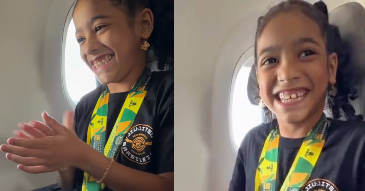 Joaninha, atleta de jiu-jitsu de 7 anos, homenageada após conquistar medalha de prata no Campeonato Brasileiro.